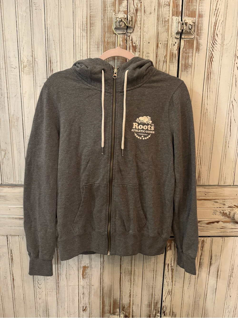 Roots Charcoal Zip Hoodie with White Logo and Drawstrings